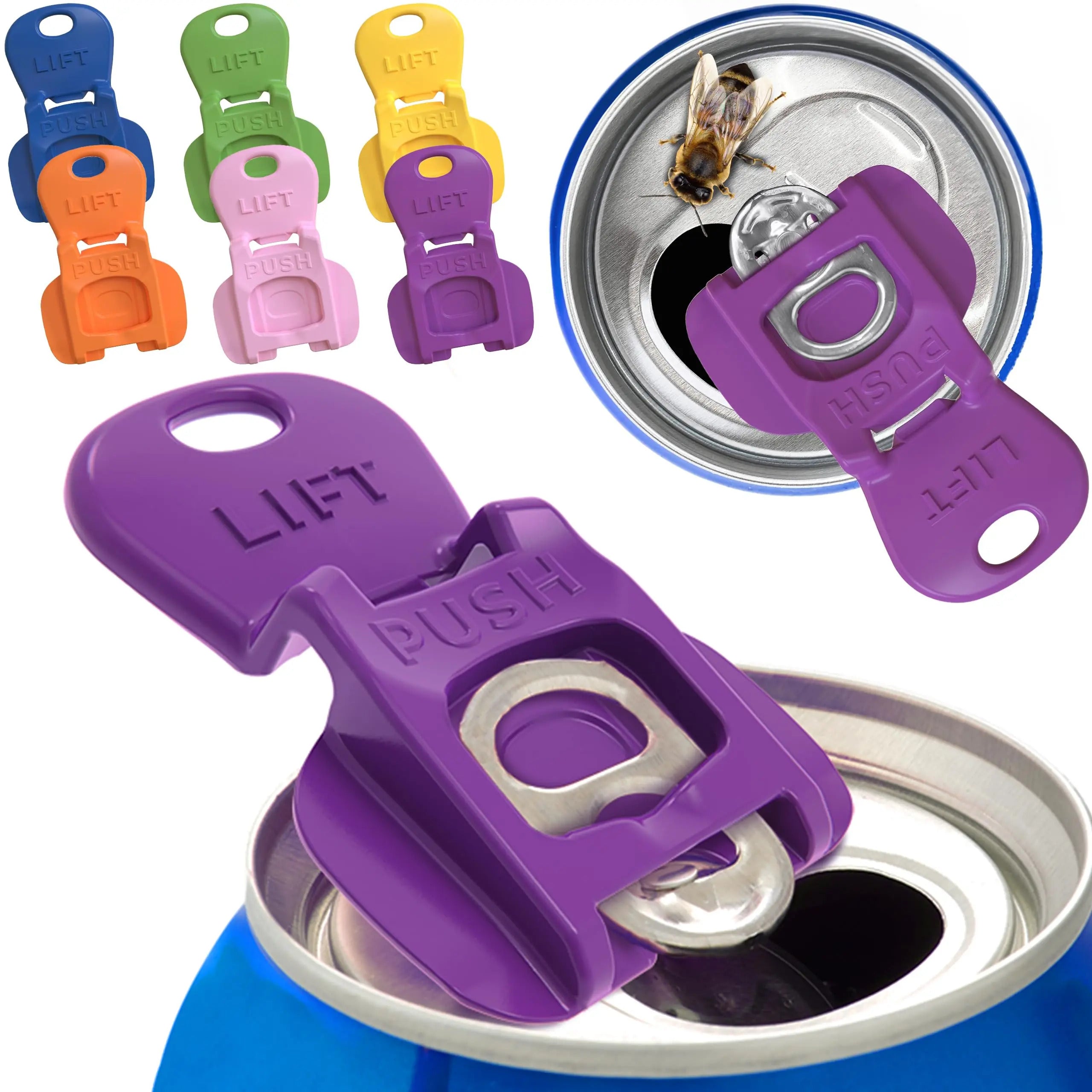 Six different colored bottle openers for canned drinks: yellow, pink, purple, green, orange, and blue. Each bottle also features a bee on top.