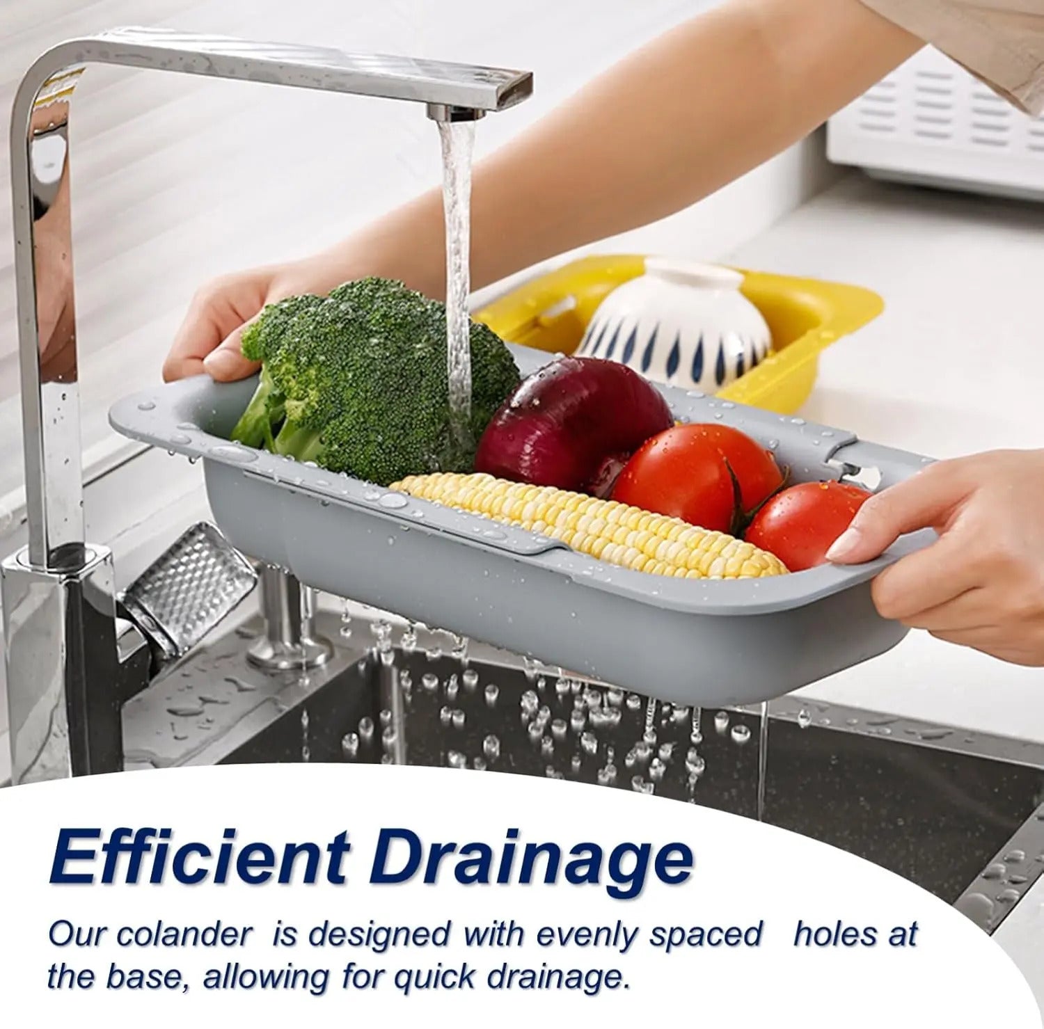 Fonvo collapsible drain basket kitchen sink strainer with evenly spaced holes for quick drainage of vegetables fruits and dishes