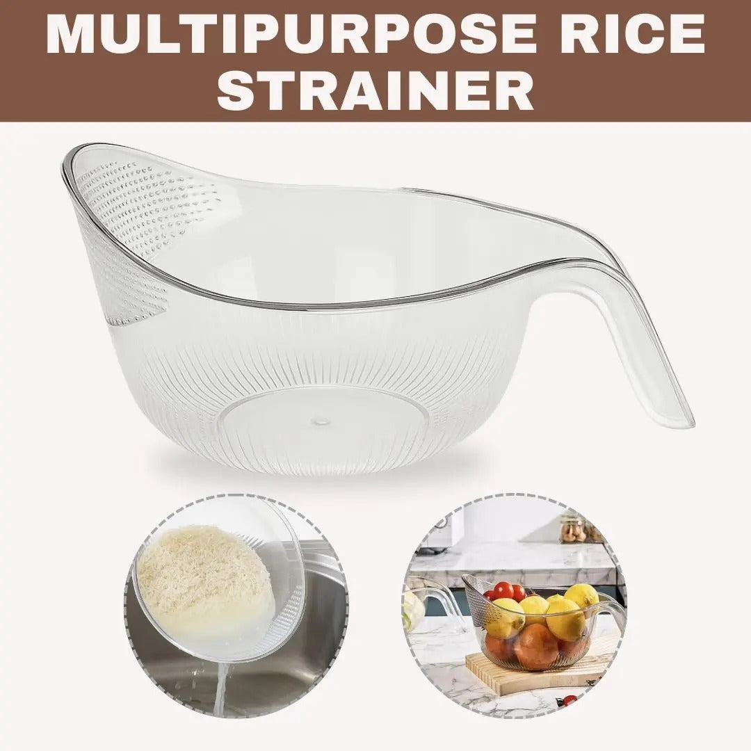 Fonvo multifunctional rice strainer with handle sturdy BPA free transparent plastic kitchenware for draining rice vegetables fruits and pasta