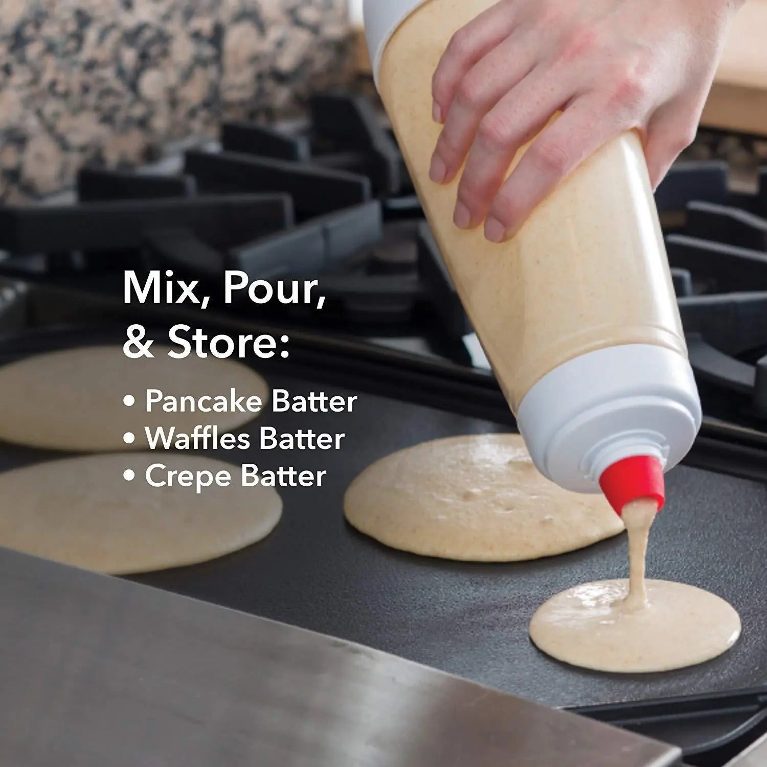 Fonvo pancake batter dispenser and mixer with pour spout for pancakes waffles and crepes mix pour and store in one container