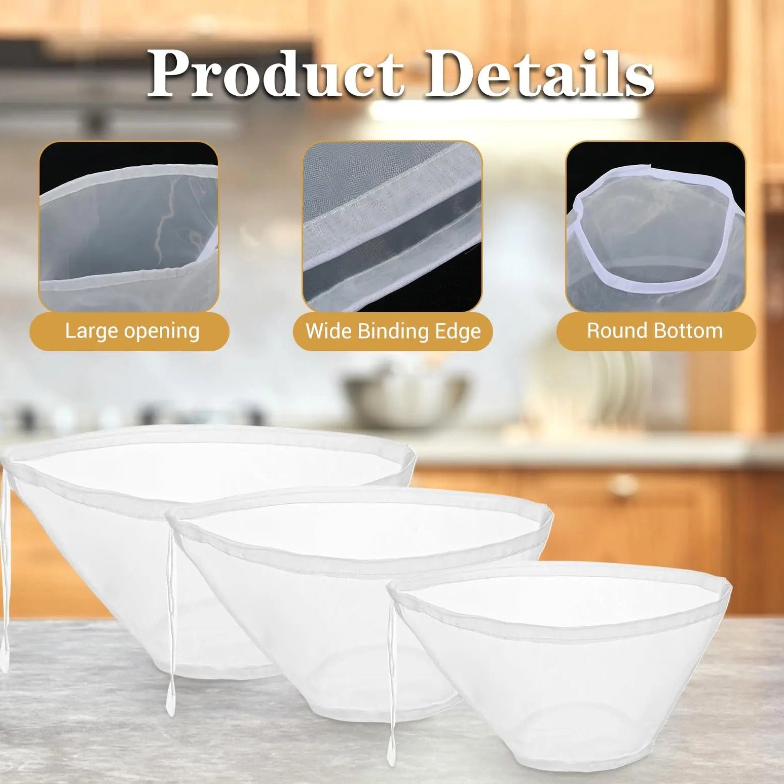 Fonvo reusable nut milk bag fine mesh strainer with large opening wide binding edge and round bottom for filtering almond milk cheese juice and tea