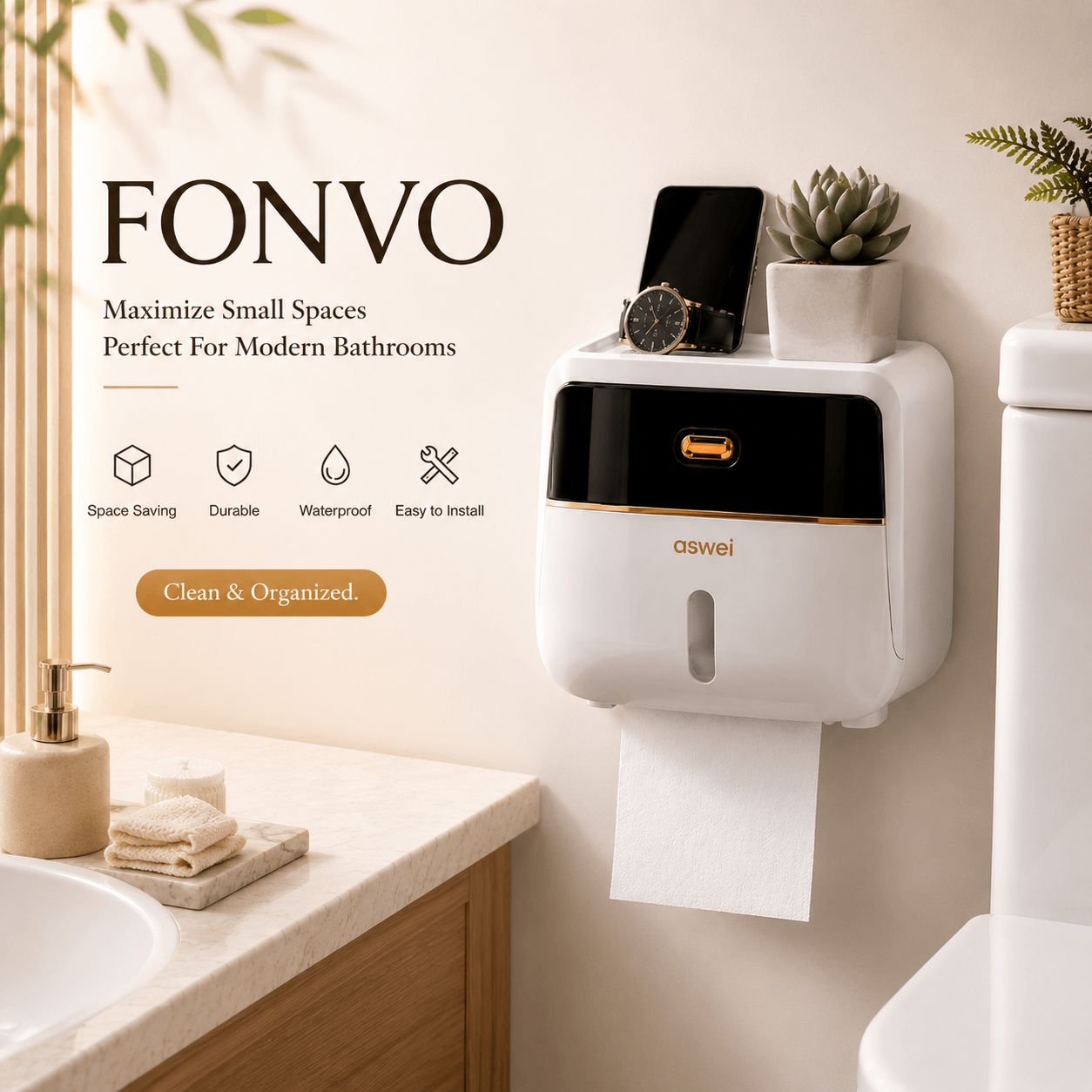 FONVO toilet roll holder with storage shelf mounted beside toilet in modern Scandinavian bathroom
