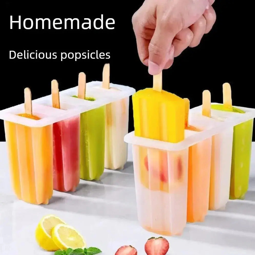 A hand takes an ice pop out of a four-piece plastic mold; it comes in lemon, strawberry, and many other colors.