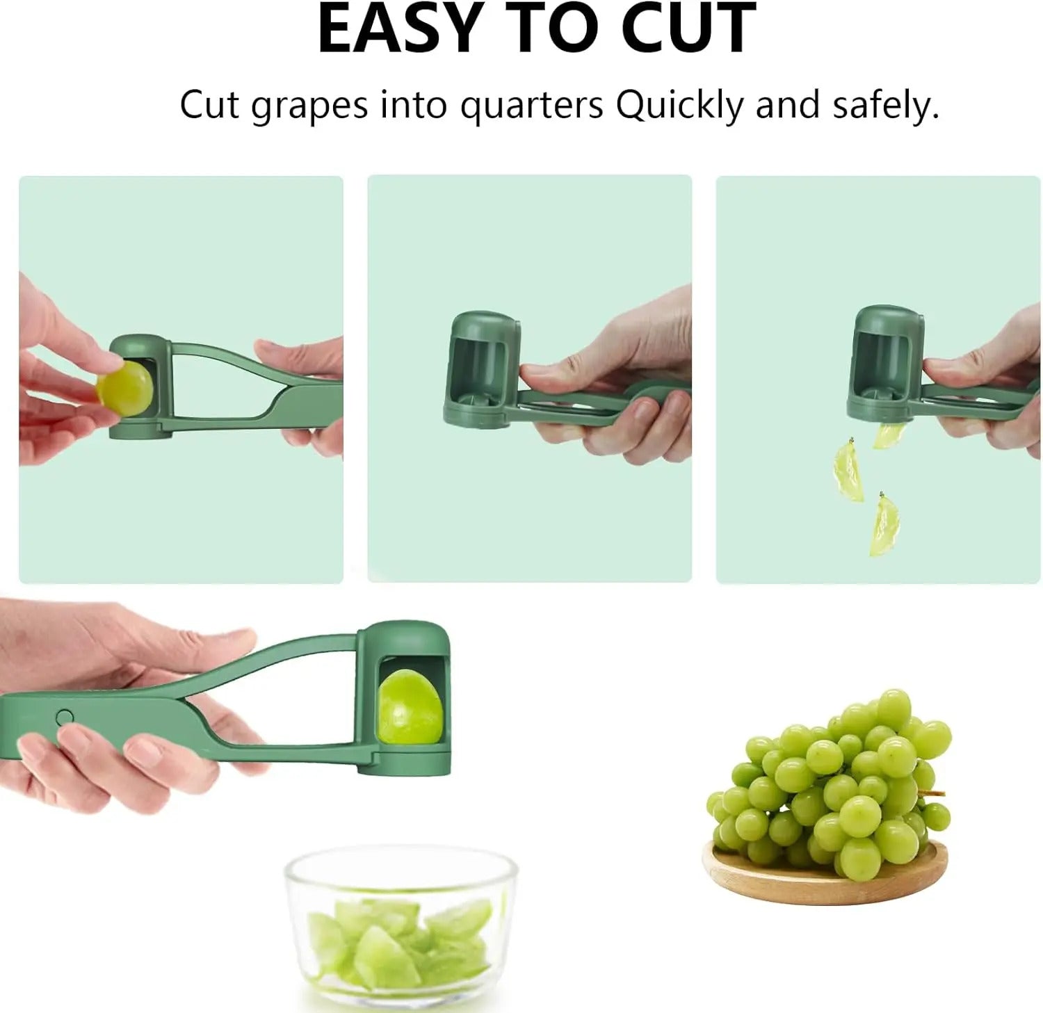 A green, multi-functional stainless steel fruit cutter is cutting green grapes into small pieces.