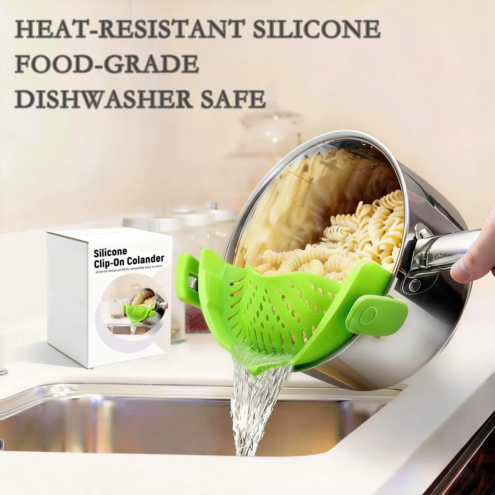 Fonvo clip-on silicone pasta strainer heat resistant food grade and dishwasher safe for draining noodles vegetables and pasta