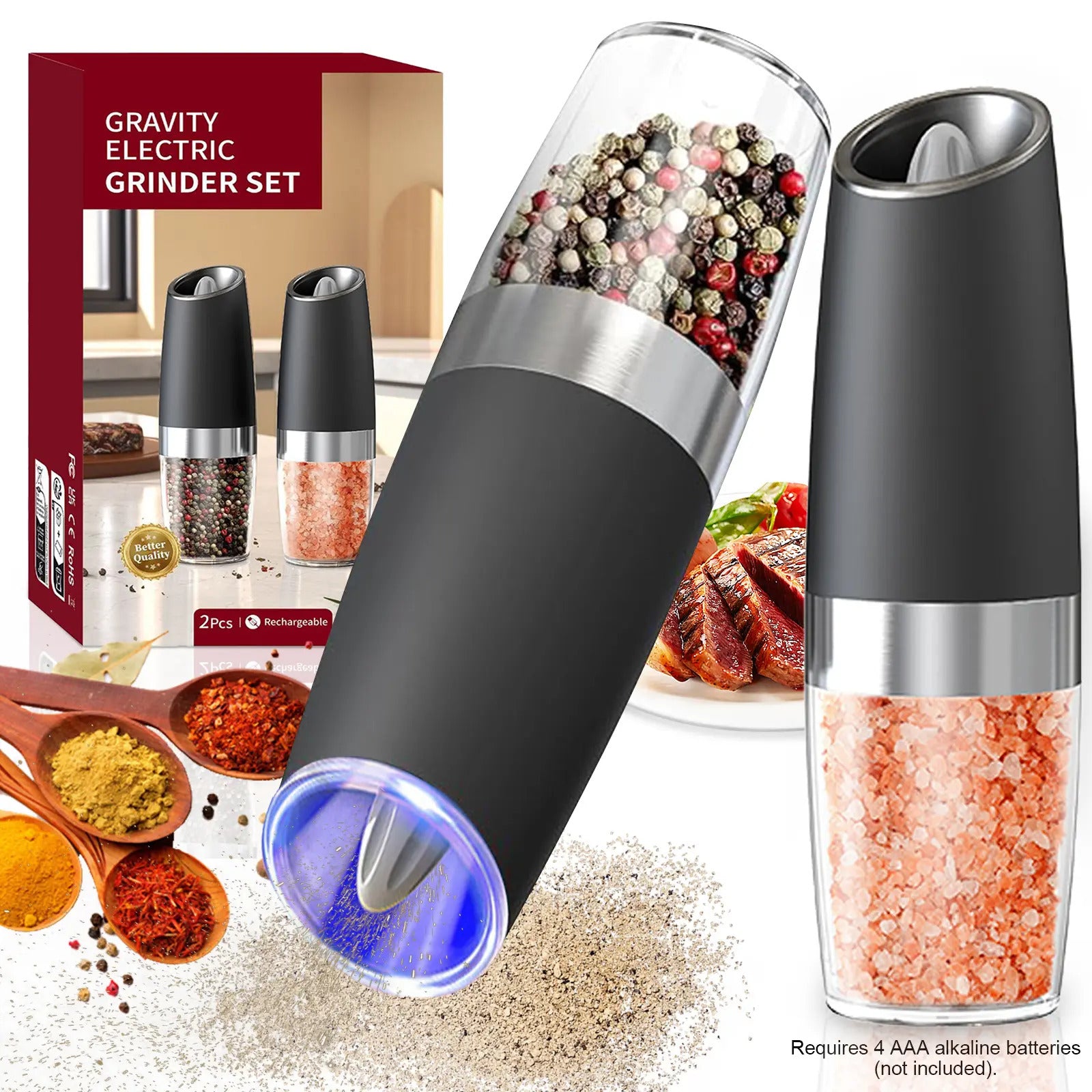 Fonvo electric salt and pepper grinder set with LED light and gravity sensor automatic operation stainless steel design kitchen seasoning tool