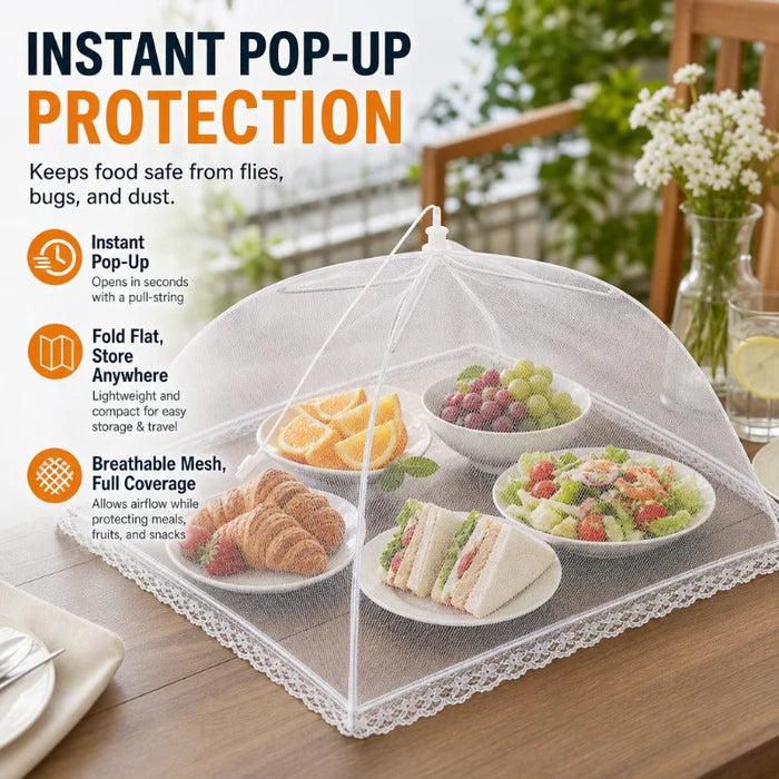 Fonvo instant pop up food cover with pull string opens in seconds fold flat for storage lightweight breathable mesh protects food from flies bugs and dust