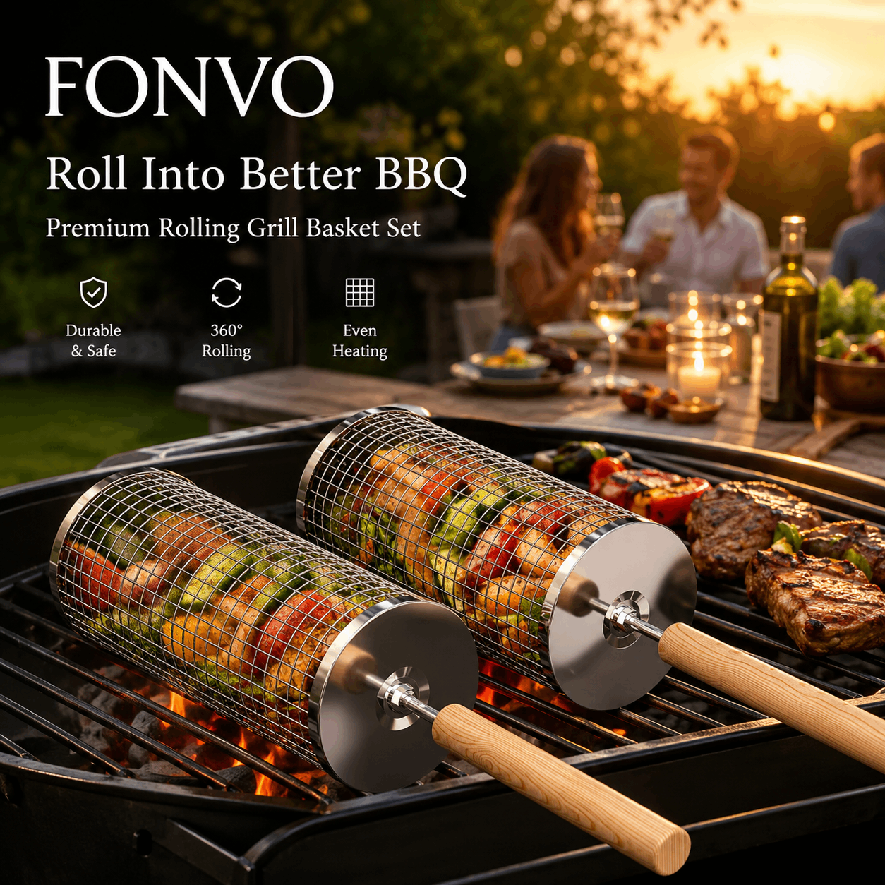 FONVO rolling grill basket set cooking vegetables shrimp chicken and meat on outdoor charcoal BBQ grill