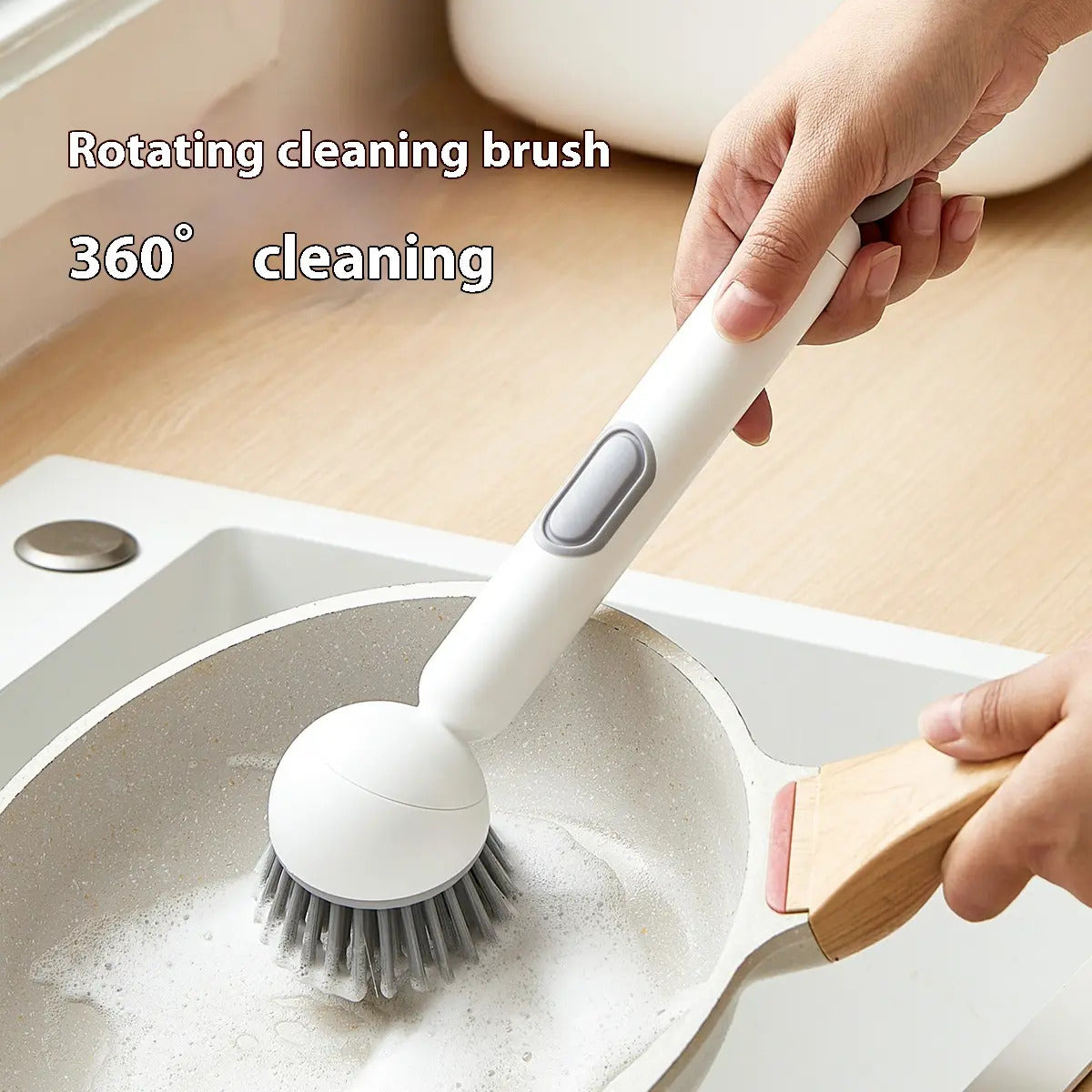 Fonvo 6-in-1 dish brush rotating scrub feature. Detergent dispenser, adjustable angle, wall mount. Ideal for kitchen cleaning and pots