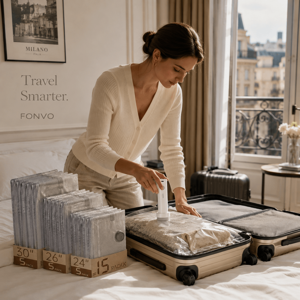 FONVO travel vacuum storage bags with cordless electric pump compressing clothes inside a suitcase for organized travel