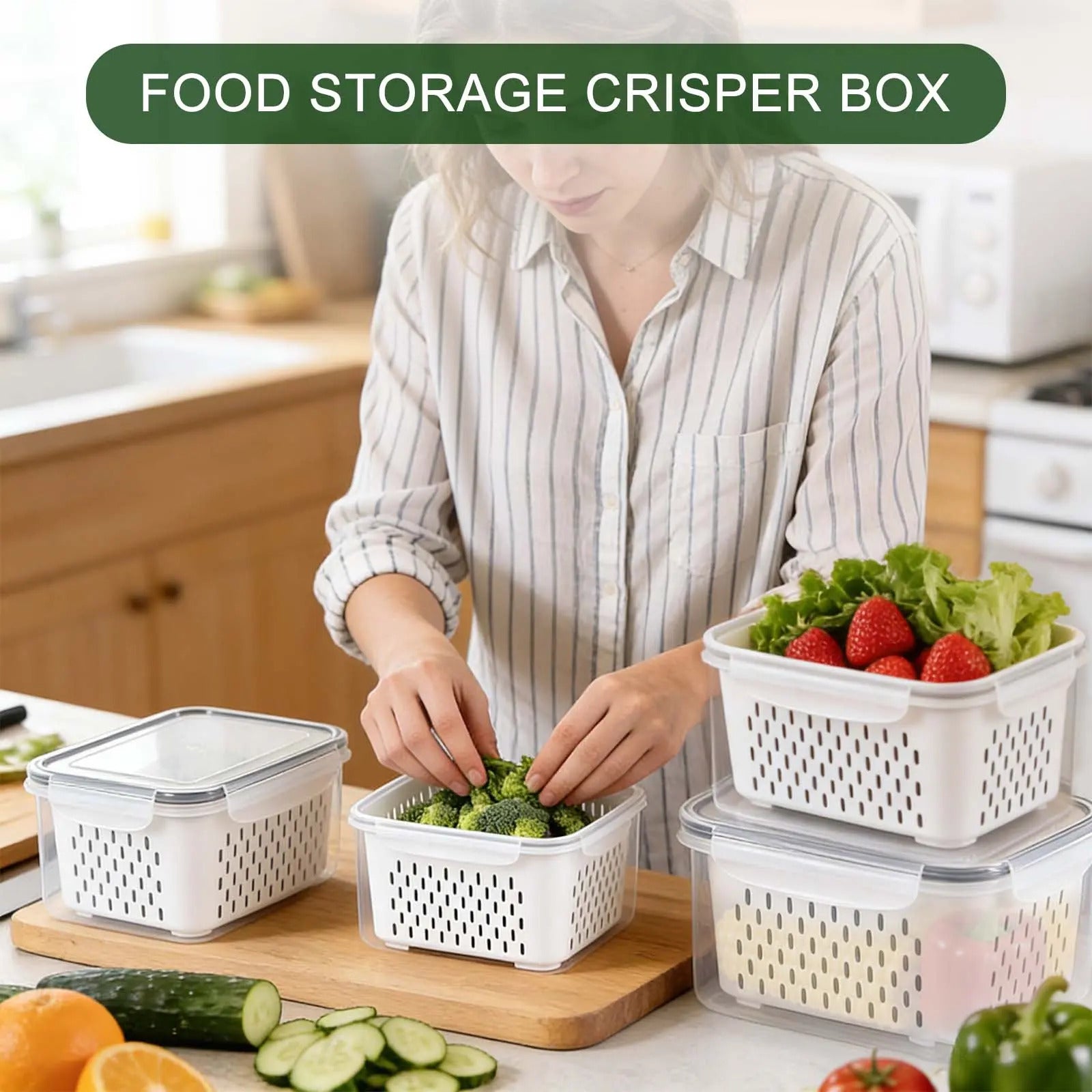 A woman is neatly arranging broccoli in a storage box; on the table are strawberries, cucumbers, oranges, peppers, and other vegetables.